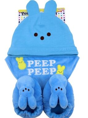 New Peeps Blue Peep Bunny 3 Piece Baby Set Hat Bib Booties Matching Easter Gift